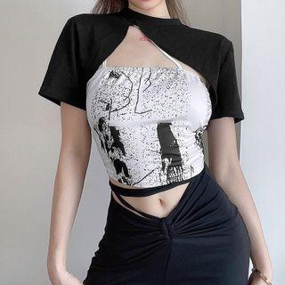 Set: Short-sleeve Shrug + Print Camisole Top