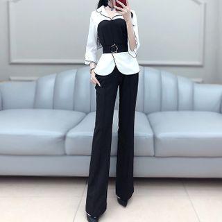 Set: Contrast Color 3/4-sleeve Blouse + Plain High-waist Pants
