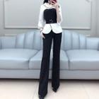 Set: Contrast Color 3/4-sleeve Blouse + Plain High-waist Pants