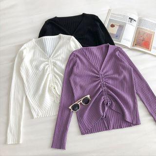 Plain V-neck Frilled Long-sleeve Knit Top