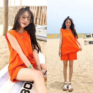 Set: Sleeveless Fray-hem Top + Sweatshorts