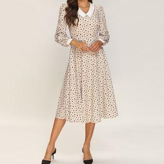 Long Sleeve Doll Collar Dotted Midi Dress