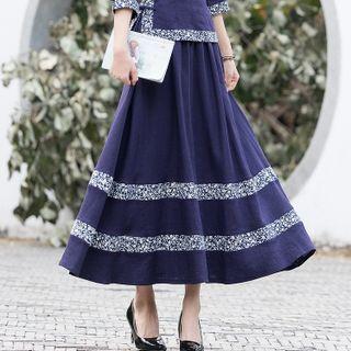 Floral Print Panel Midi A-line Skirt Dark Blue - One Size