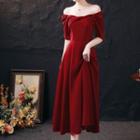 Short-sleeve Velvet Crinkled Midi A-line Dress
