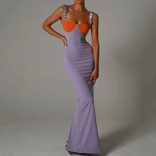 Sleeveless Two Tone Embellished Maxi Bodycon Dress