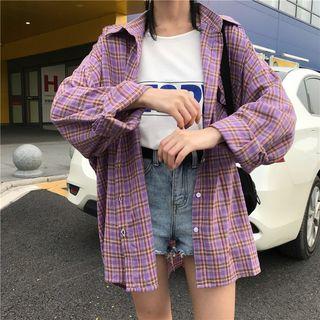 Plaid Flannel Shirt With Tie Purple - One Size