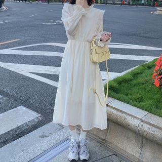 Plain Ruffle Puff-sleeve Dress Milky White - One Size