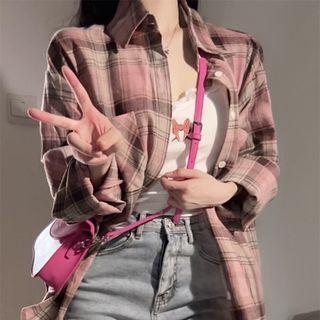 Long-sleeve Plaid Shirt / Bow Halter Cropped Camisole Top / High-waist Denim Shorts