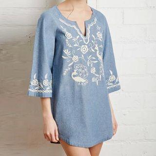 3/4-sleeve Embroidered Denim Dress
