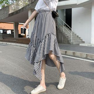 Irregular Ruffle Hem Gingham Midi A-line Skirt
