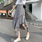 Irregular Ruffle Hem Gingham Midi A-line Skirt