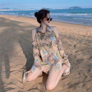 Off Shoulder Printed Long-sleeve Shirt As Shown In Figure - One Size