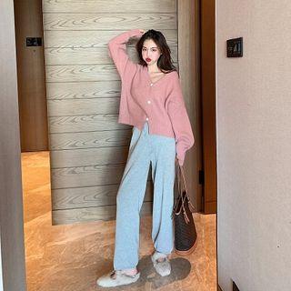 V-neck Ribbed Cardigan / Wide Leg Pants