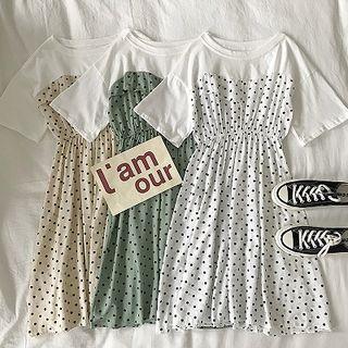 Mock Two-piece Polka Dot Panel Short-sleeve Dress