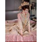 Elbow-sleeve Floral Sequined Qipao Wedding Dress