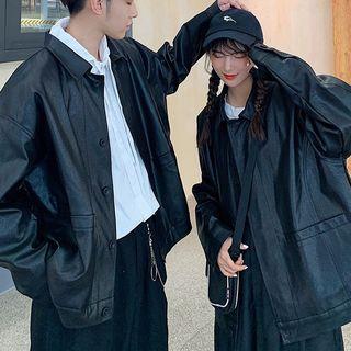Couple Matching Faux Leather Buttoned Jacket