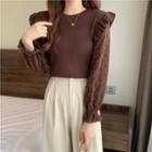 Mock Two-piece Wood Ear Trim Lace Panel Long-sleeve Top