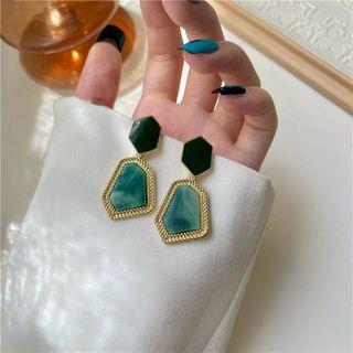 Geometric Dangle Earring 1 Pair - Ear Studs - Gold & Green - One Size