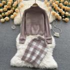 Set Of 2 : High-neck Long-sleeve Sweater + High-waist Plaid Skirt