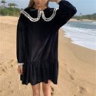 Long-sleeve Lace Trim Collared Dress Black - One Size
