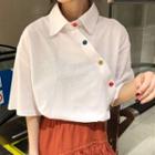 Colored Button Elbow-sleeve Polo Shirt