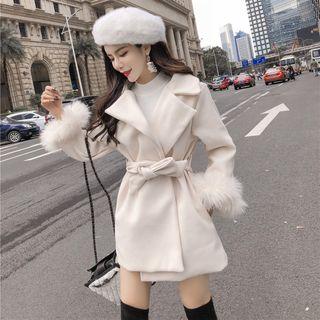 Furry-trim Notch-lapel Tie-waist Coat
