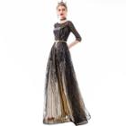 Sequined Boatneck 3/4-sleeve A-line Evening Gown