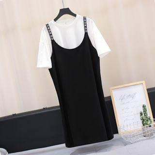 Set: Short-sleeve T-shirt + Spaghetti Strap Lettering Dress