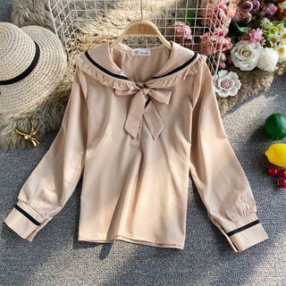 Bow-detail Sailor-collar Long-sleeve Chiffon Blouse