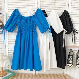 Tie-cuff Smocked Mini Dress