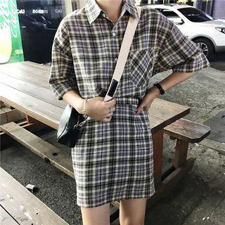Elbow-sleeve Plaid Shirt / Mini Skirt