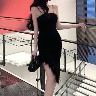 Spaghetti Strap Fluffy Trim Asymmetrical Bodycon Dress