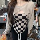 Cropped Sweater / Checkerboard Knit Camisole Top
