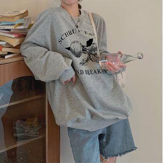 Oversized Lettering Long-sleeve Sweatshirt Gray - One Size