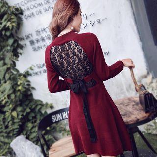Lace Back Long-sleeve A-line Knit Dress