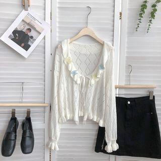Set : Pointelle-knit Cardigan + Knit Suspender Set - One Size