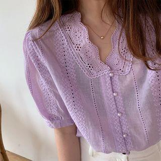 Eyelet Puff-sleeve V-neck Blouse
