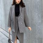 Notch Lapel Double-breasted Coat / Front Slit Straight-fit Skirt