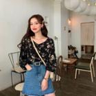 Puff-sleeve Floral Print Blouse Black - One Size