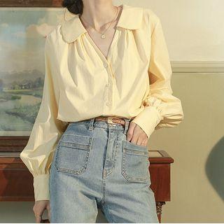 Long-sleeve V-neck Peter Pan Collar Button Shirt