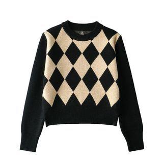 Long Sleeve Argyle Print Loose-fit Sweater Khaki - One Size