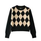 Long Sleeve Argyle Print Loose-fit Sweater Khaki - One Size