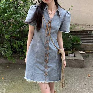 Short-sleeve Collar Lace Up Denim Mini Sheath Dress