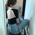 Color-block Open Back Short-sleeve Slim-fit Knit Top Black - One Size