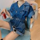 Short-sleeve Double Breasted Denim Playsuit As Shown In Figure - One Size