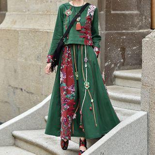 Set: Long-sleeve Frog Buttoned Top + Skirt