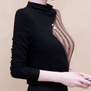 Rhinestone Panel Mock Neck Top