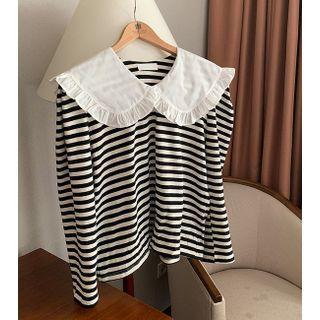 Long-sleeve Striped Collared T-shirt Stripe - White & Black - One Size