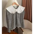 Long-sleeve Striped Collared T-shirt Stripe - White & Black - One Size