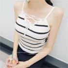 Spaghetti-strap Lace-up Front Striped Knit Top